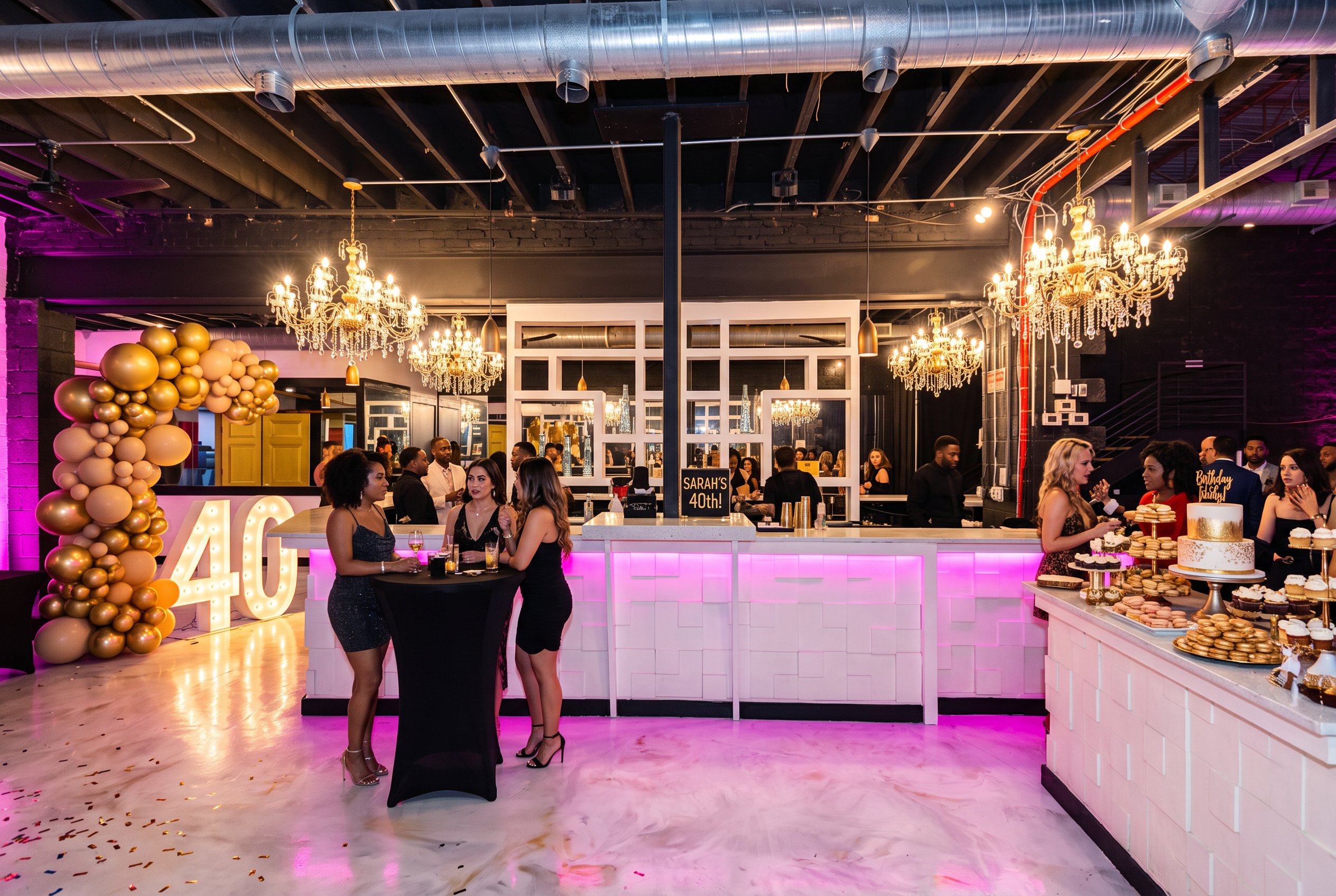 Milestone birthday party at the LED bar with balloon arch, marquee numbers and dessert display