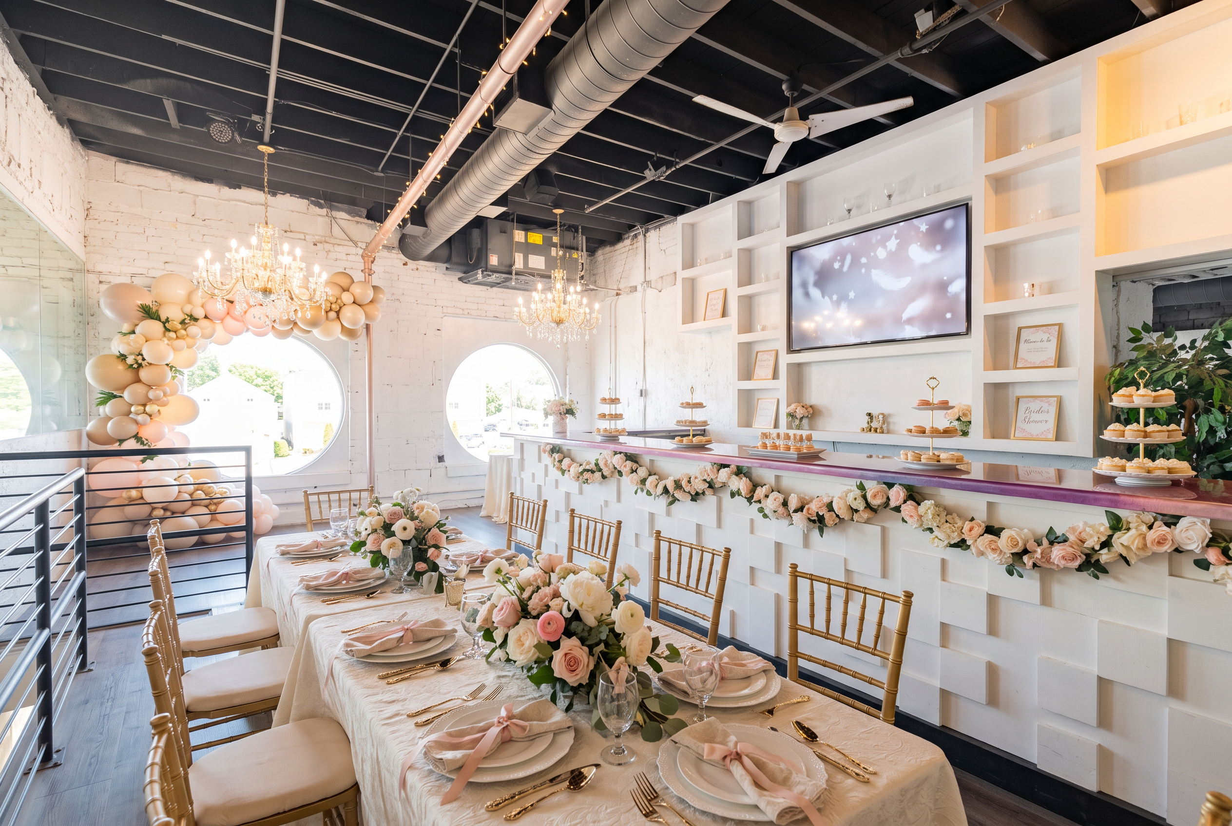 Bridal shower luncheon with pastel florals, long table settings and balloon garland