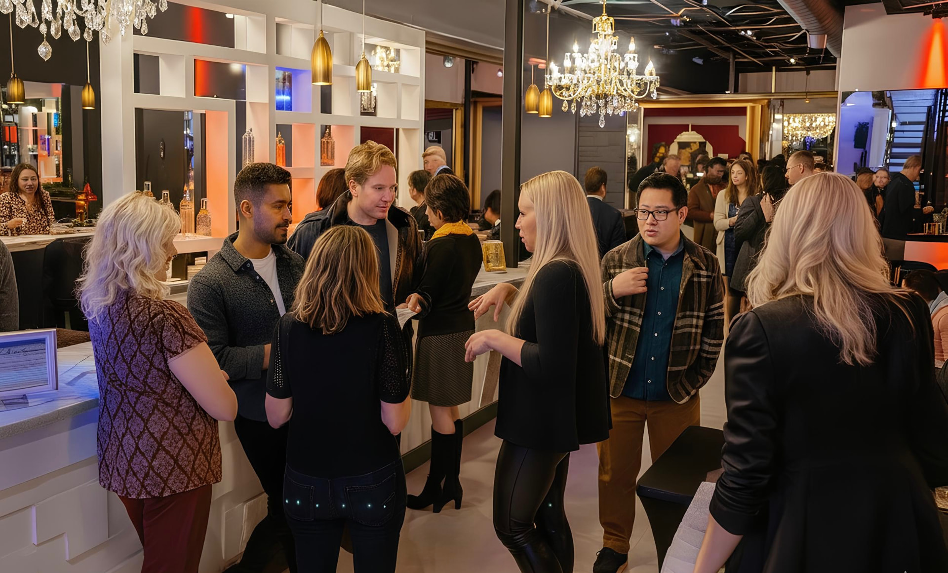 Guests networking under chandeliers at a corporate event at Detroit Circle Center