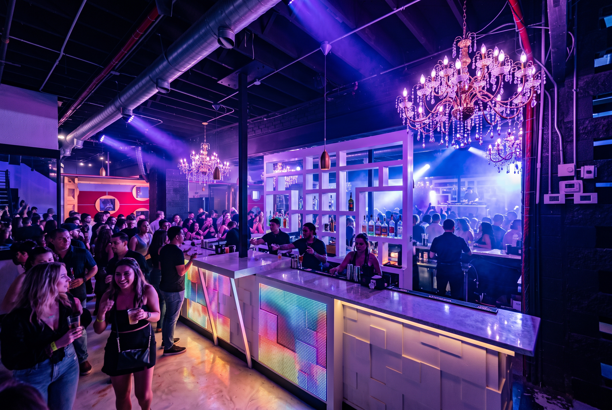Packed night concert event with color lighting, haze and a full bar service