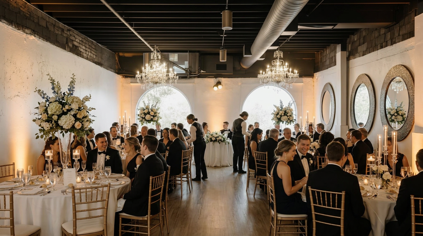 Wedding ceremony under crystal chandeliers at Detroit Circle Center