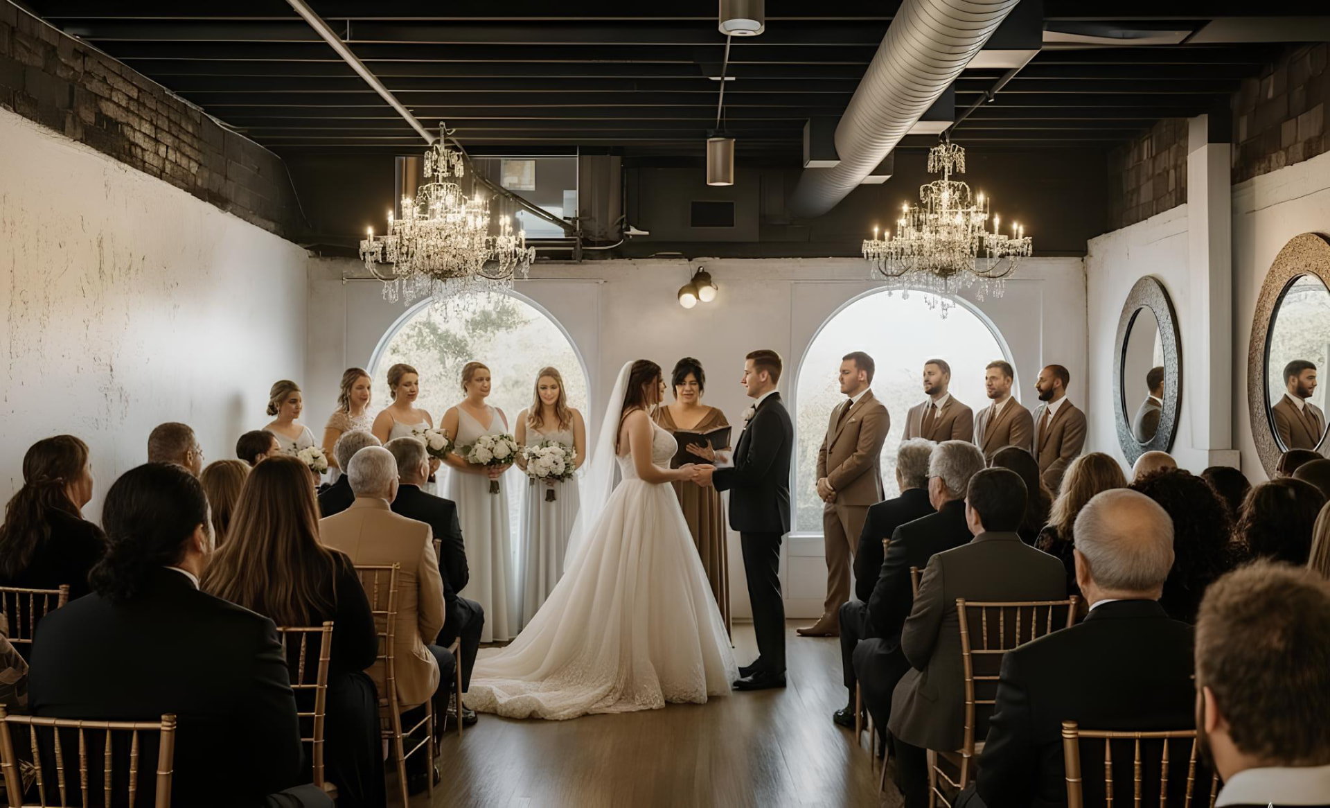 Wedding ceremony under crystal chandeliers at Detroit Circle Center